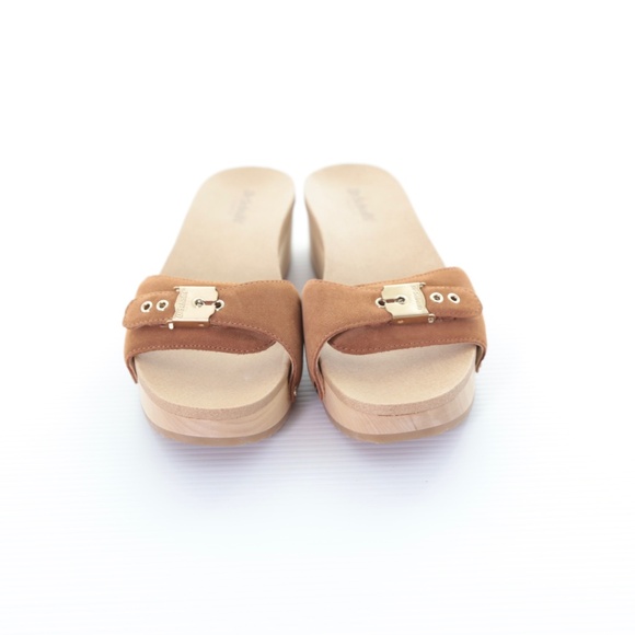 Dr. Scholl’s Original Too Slide Brown Suede Cushioned Wooden Platform Sandals 8M - Picture 2 of 8